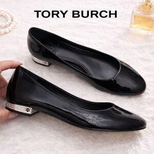 Tory Burch Black Patent Leather Flats Crystal Heel Logo Dress Shoes
